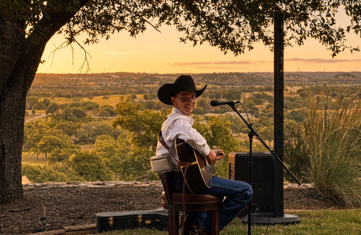 Matthew Underwood seated under a live oak at sunset with his guitar, microphone and Bose PA, the Hill Country behind him